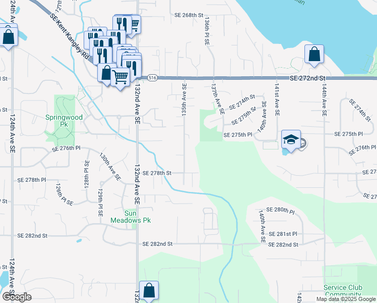 map of restaurants, bars, coffee shops, grocery stores, and more near 27624 135th Avenue Southeast in Kent