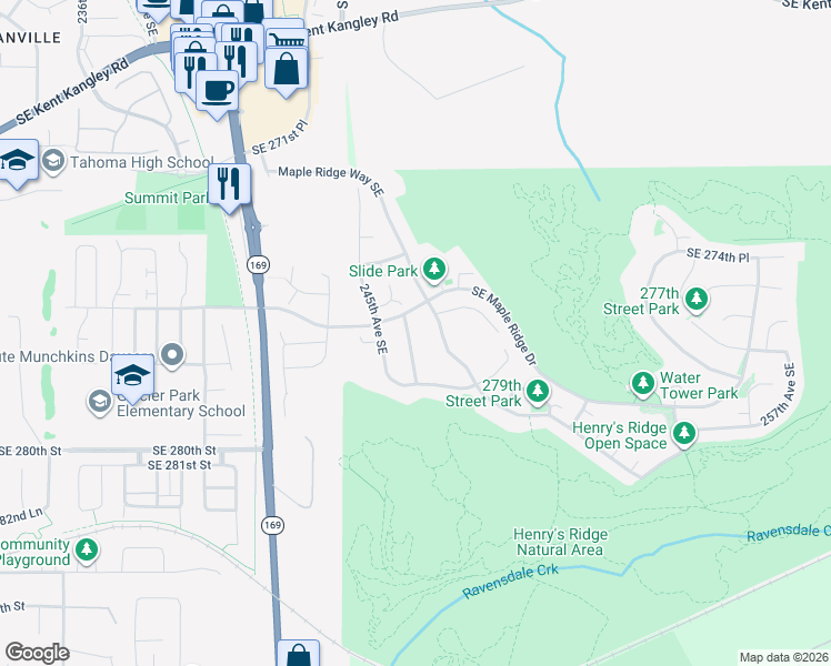 map of restaurants, bars, coffee shops, grocery stores, and more near 27646 246th Avenue Southeast in Maple Valley