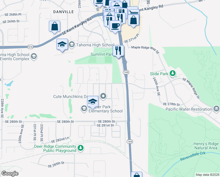 map of restaurants, bars, coffee shops, grocery stores, and more near 27635 240th Avenue Southeast in Maple Valley