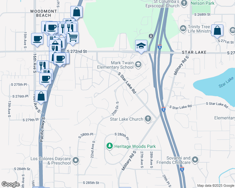 map of restaurants, bars, coffee shops, grocery stores, and more near 27602 25th Drive South in Federal Way