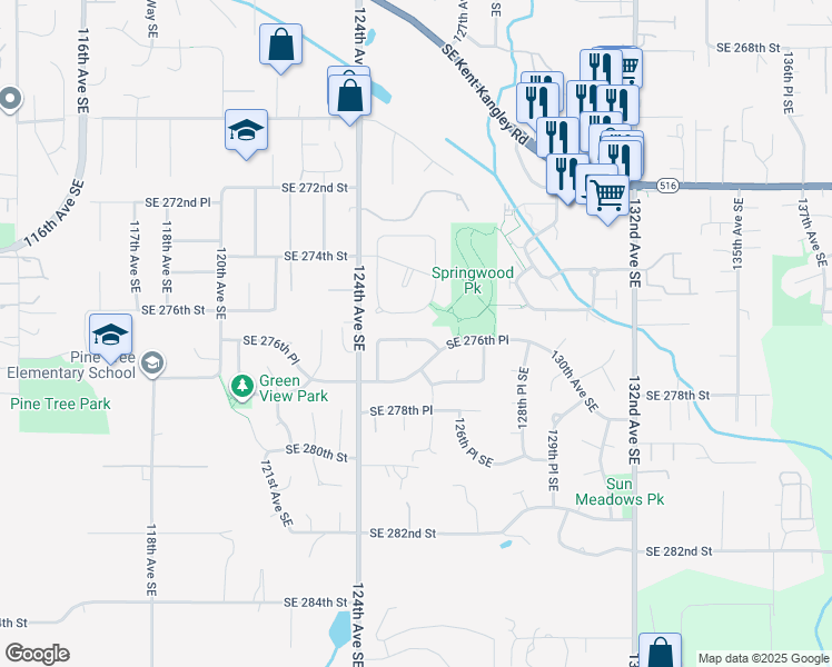 map of restaurants, bars, coffee shops, grocery stores, and more near 12530 Southeast 276th Place in Kent