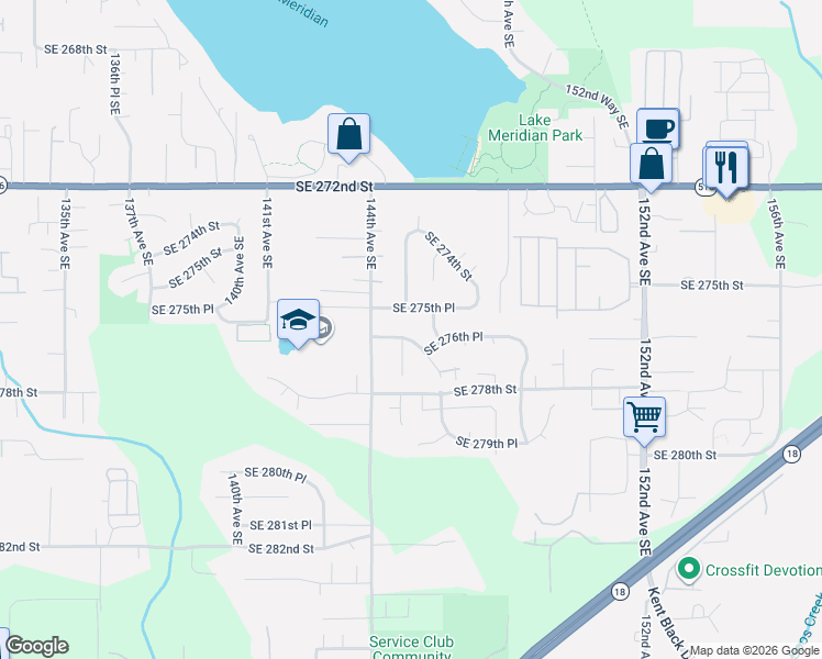 map of restaurants, bars, coffee shops, grocery stores, and more near 14508 Southeast 276th Place in Kent