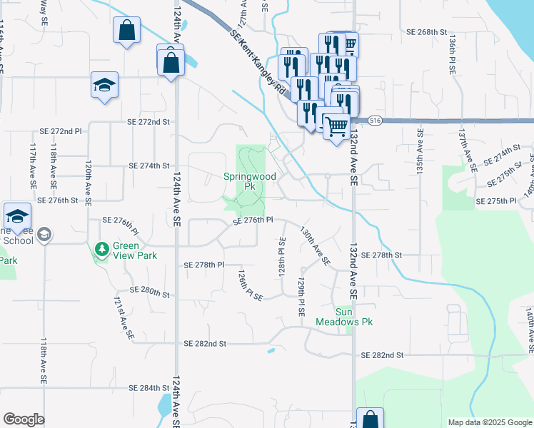 map of restaurants, bars, coffee shops, grocery stores, and more near 12746 Southeast 277th Court in Kent