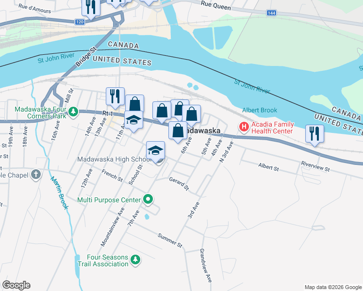 map of restaurants, bars, coffee shops, grocery stores, and more near 389 East Main Street in Madawaska