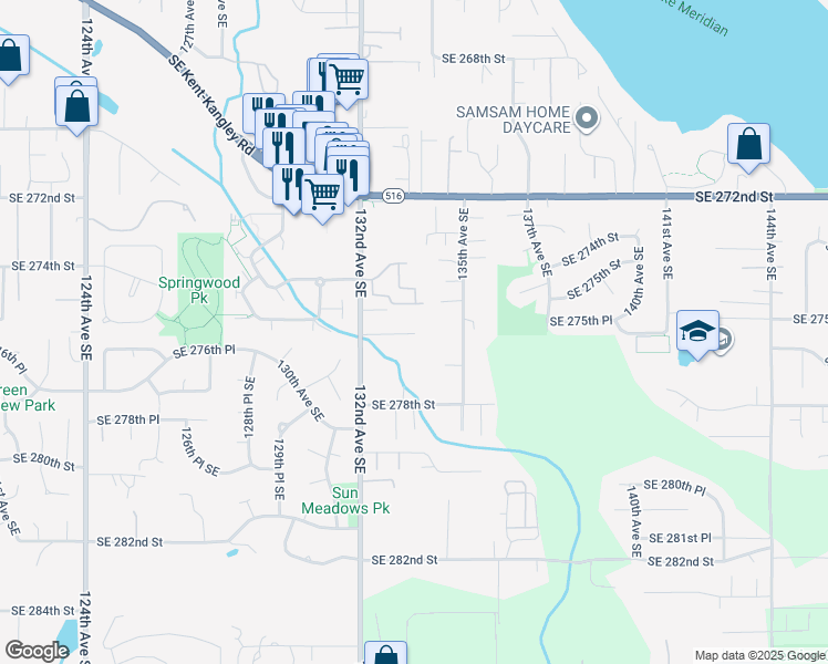 map of restaurants, bars, coffee shops, grocery stores, and more near 13499 Southeast 276th Street in Kent