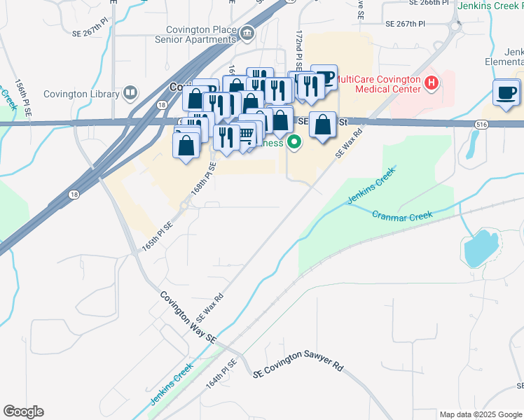 map of restaurants, bars, coffee shops, grocery stores, and more near 17120 Southeast 276th Street in Covington