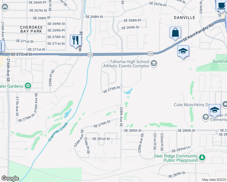 map of restaurants, bars, coffee shops, grocery stores, and more near 22500 Southeast 275th Place in Maple Valley