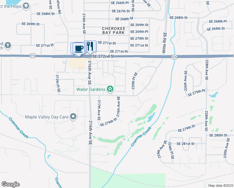 map of restaurants, bars, coffee shops, grocery stores, and more near 21806 Southeast 275th Place in Maple Valley