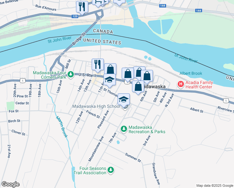 map of restaurants, bars, coffee shops, grocery stores, and more near 113 Legion Avenue in Madawaska