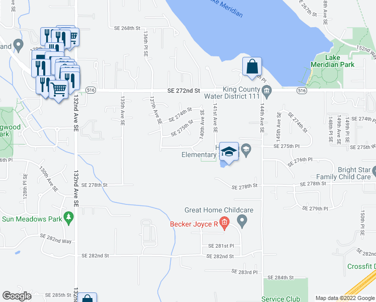 map of restaurants, bars, coffee shops, grocery stores, and more near 13827 Southeast 275th Place in Kent