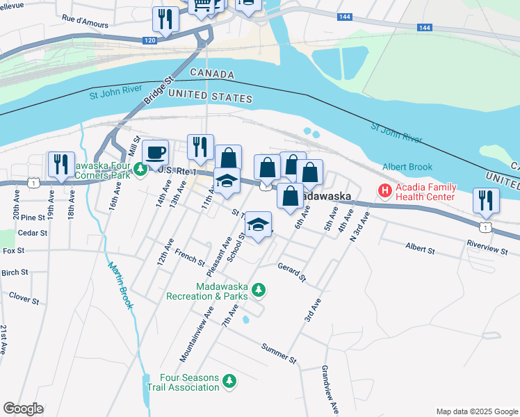 map of restaurants, bars, coffee shops, grocery stores, and more near 381 East Main Street in Madawaska
