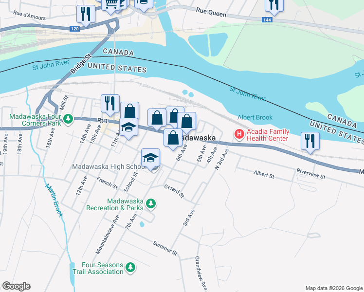 map of restaurants, bars, coffee shops, grocery stores, and more near in Madawaska