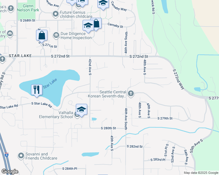 map of restaurants, bars, coffee shops, grocery stores, and more near 27531 44th Place South in Auburn