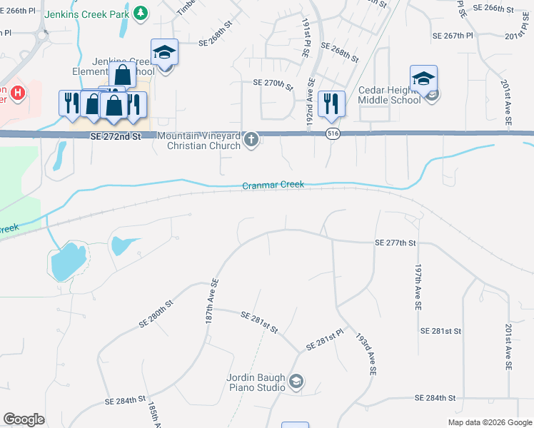 map of restaurants, bars, coffee shops, grocery stores, and more near 27613 188th Place Southeast in Kent