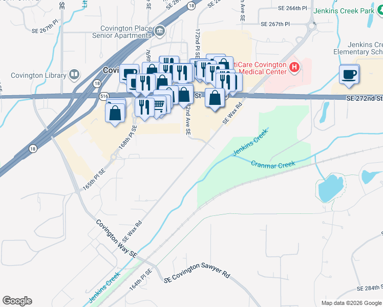 map of restaurants, bars, coffee shops, grocery stores, and more near 17216 Southeast Wax Road in Covington