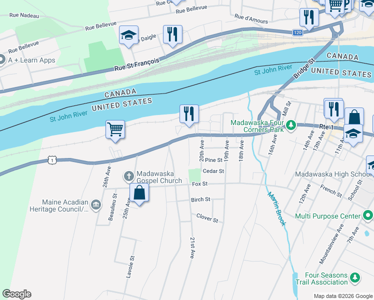 map of restaurants, bars, coffee shops, grocery stores, and more near 113 21st Avenue in Madawaska