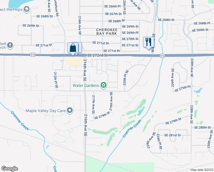map of restaurants, bars, coffee shops, grocery stores, and more near 21806 Southeast 275th Place in Maple Valley