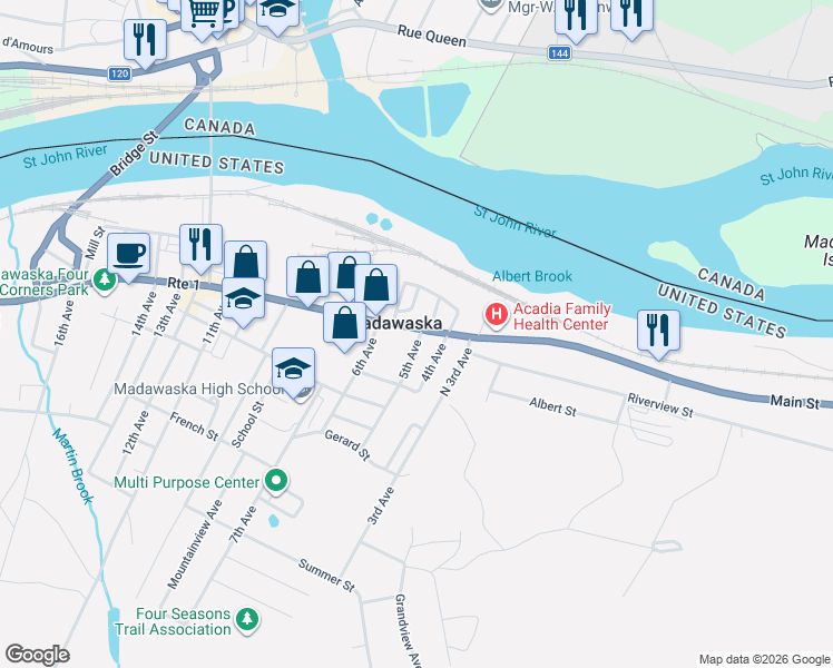 map of restaurants, bars, coffee shops, grocery stores, and more near 341 East Main Street in Madawaska