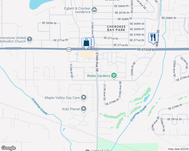 map of restaurants, bars, coffee shops, grocery stores, and more near 21567 Southeast 275th Court in Maple Valley