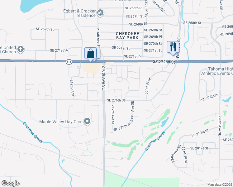map of restaurants, bars, coffee shops, grocery stores, and more near 21646 Southeast 276th Street in Maple Valley
