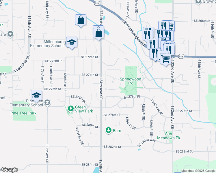 map of restaurants, bars, coffee shops, grocery stores, and more near 27432 124th Place Southeast in Kent
