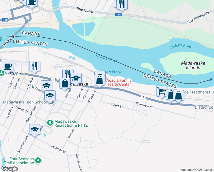 map of restaurants, bars, coffee shops, grocery stores, and more near 460 East Main Street in Madawaska