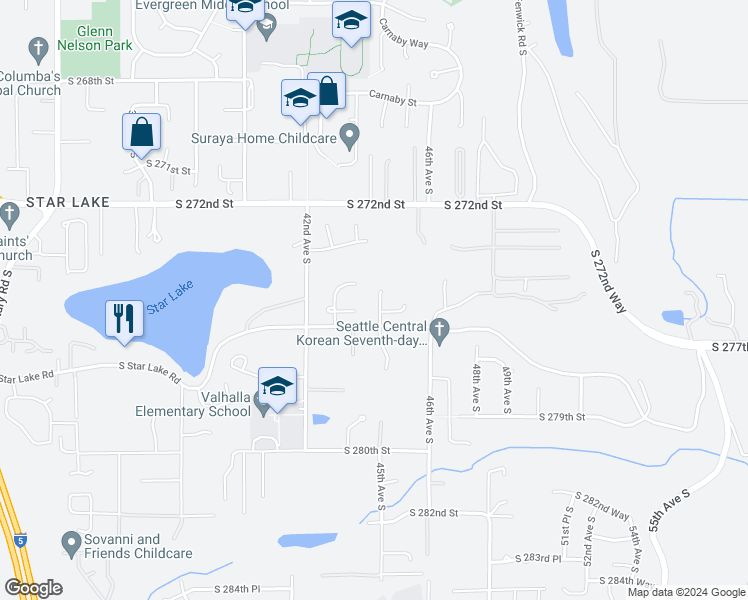 map of restaurants, bars, coffee shops, grocery stores, and more near 27531 44th Place South in Auburn