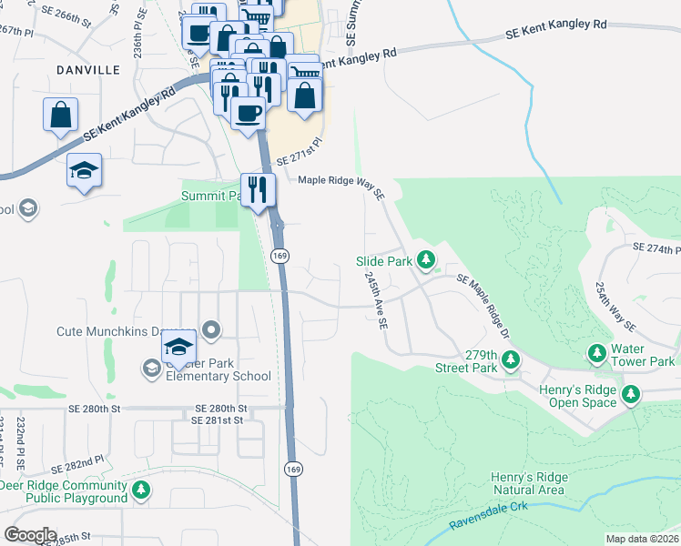 map of restaurants, bars, coffee shops, grocery stores, and more near 27424 243rd Place Southeast in Maple Valley
