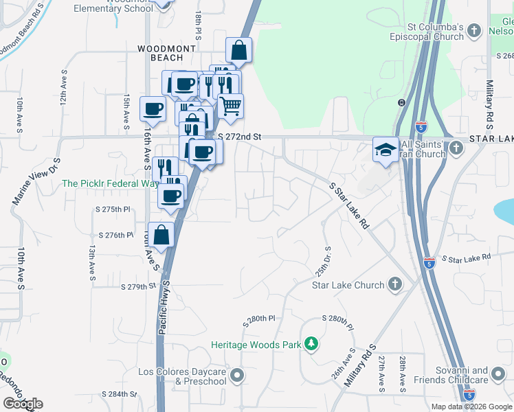 map of restaurants, bars, coffee shops, grocery stores, and more near 2211 South Star Lake Road in Federal Way