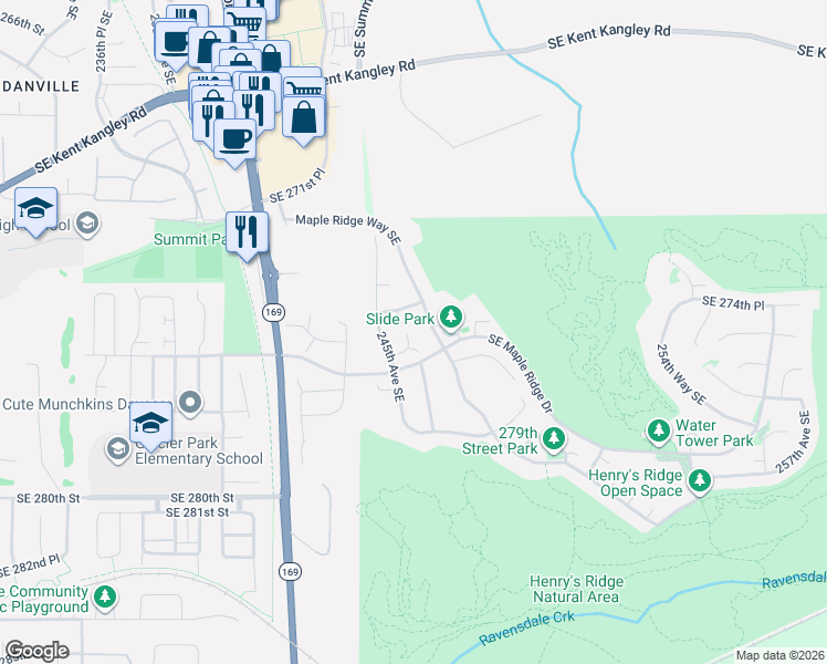 map of restaurants, bars, coffee shops, grocery stores, and more near 24546 Southeast 276th Court in Maple Valley