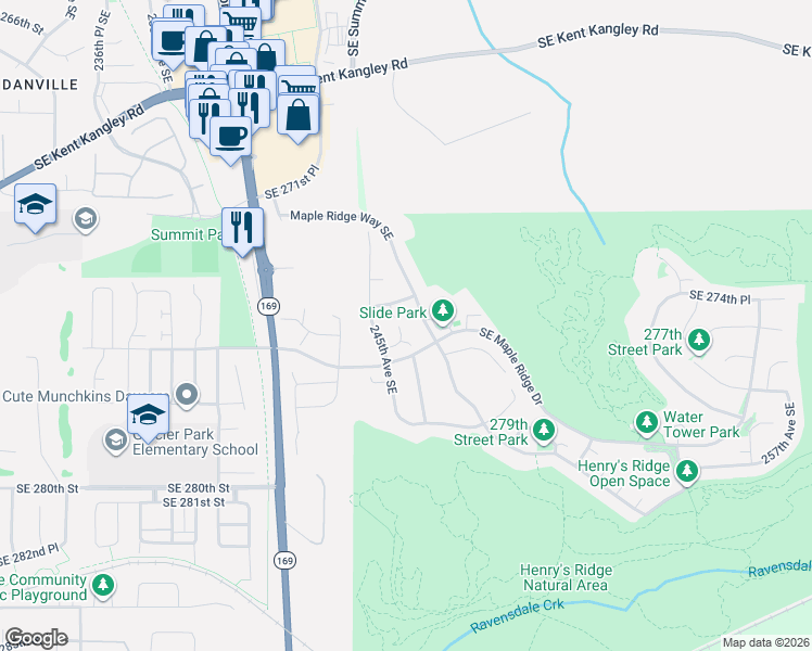 map of restaurants, bars, coffee shops, grocery stores, and more near 24546 Southeast 276th Court in Maple Valley