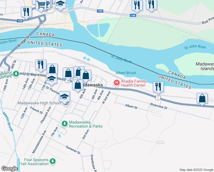 map of restaurants, bars, coffee shops, grocery stores, and more near 202 North 4th Avenue in Madawaska
