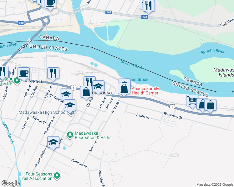 map of restaurants, bars, coffee shops, grocery stores, and more near 202 North 4th Avenue in Madawaska