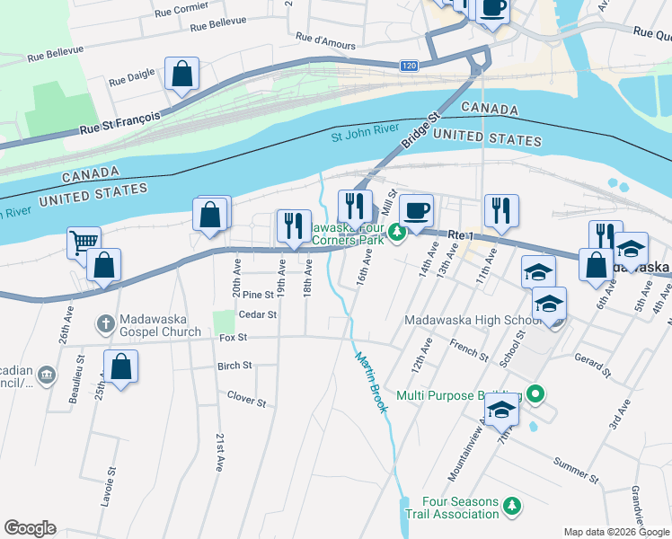 map of restaurants, bars, coffee shops, grocery stores, and more near 115 17th Avenue in Madawaska