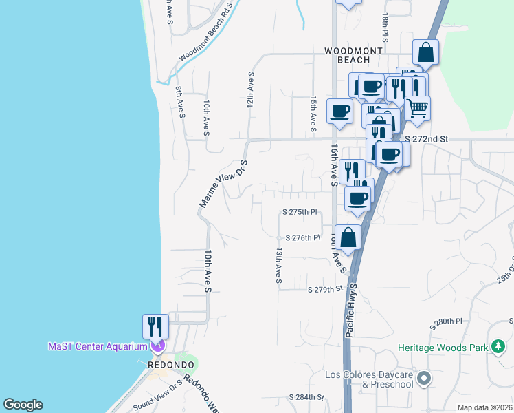 map of restaurants, bars, coffee shops, grocery stores, and more near 27511 12th Place South in Des Moines