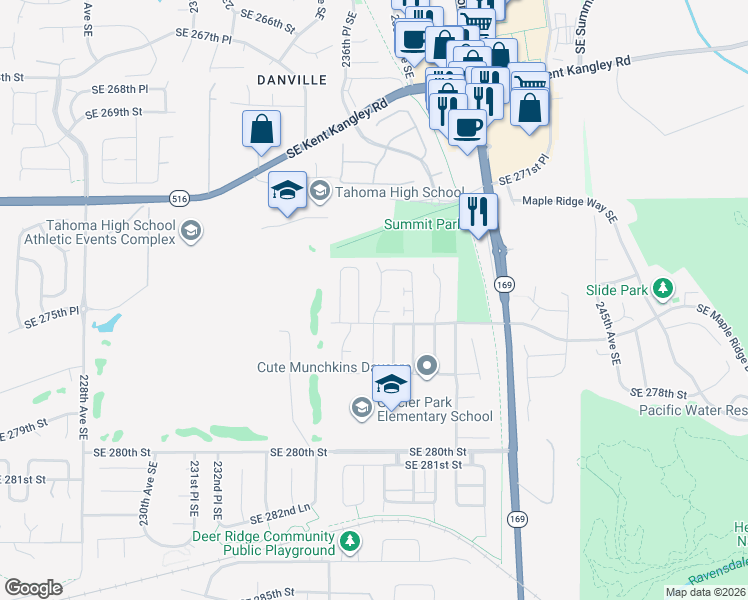 map of restaurants, bars, coffee shops, grocery stores, and more near 27441 237th Place Southeast in Maple Valley