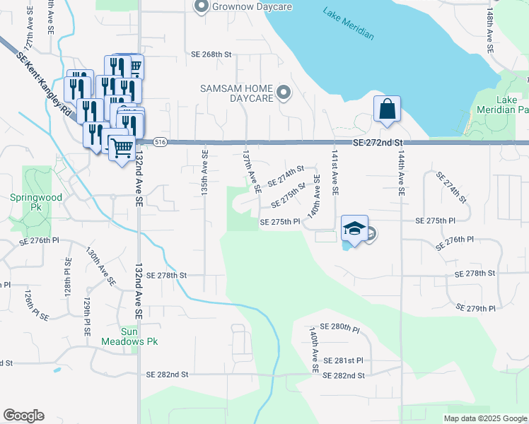 map of restaurants, bars, coffee shops, grocery stores, and more near 27506 137th Avenue Southeast in Kent