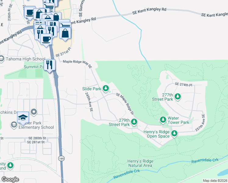 map of restaurants, bars, coffee shops, grocery stores, and more near 27560 247th Ct SE in Maple Valley