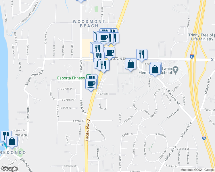 map of restaurants, bars, coffee shops, grocery stores, and more near 27454 Pacific Highway South in Federal Way