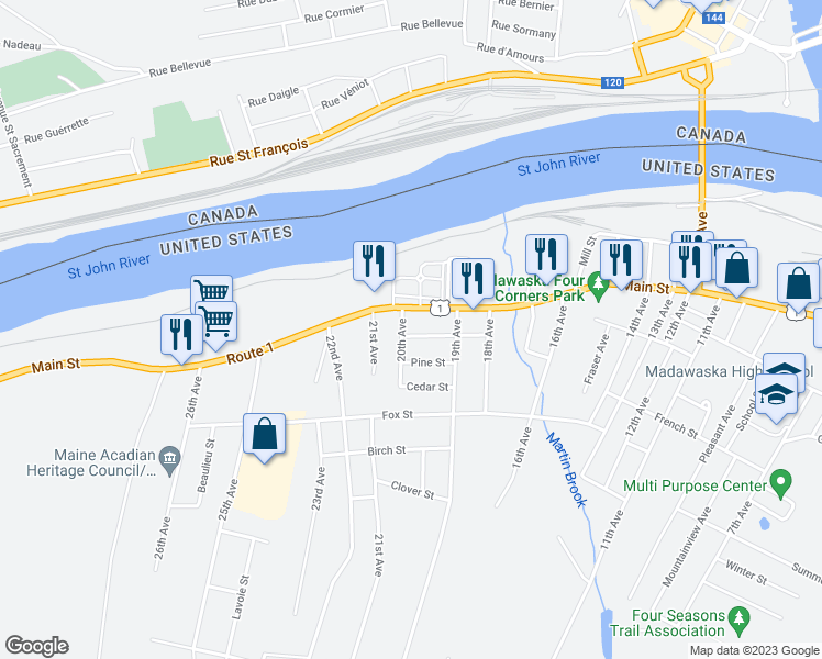 map of restaurants, bars, coffee shops, grocery stores, and more near 130 Saint Catherine Street in Madawaska