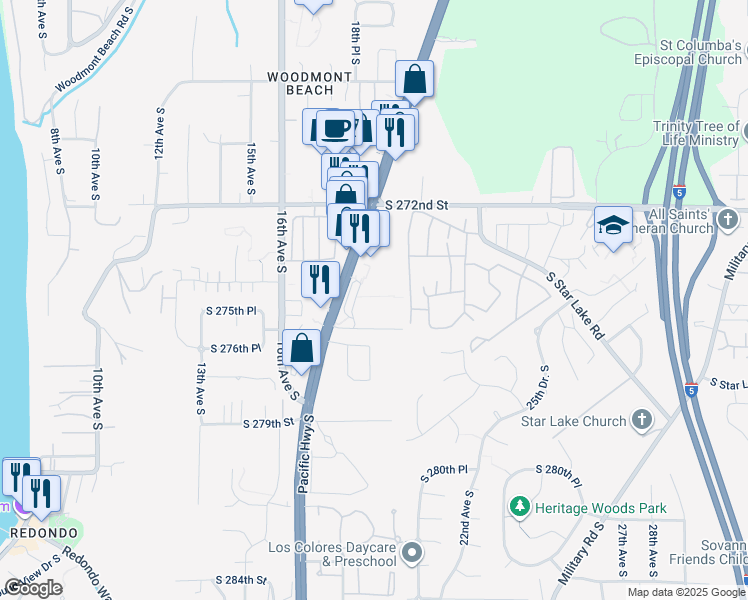 map of restaurants, bars, coffee shops, grocery stores, and more near 27454 Pacific Highway South in Federal Way