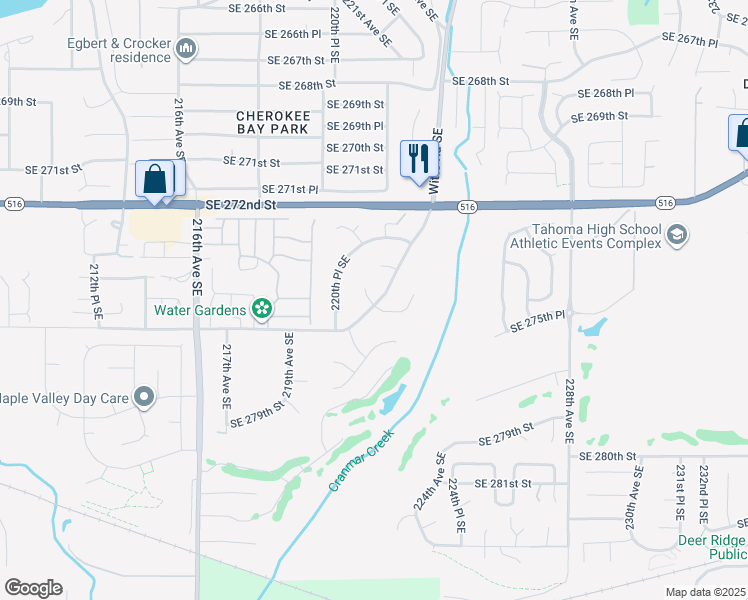 map of restaurants, bars, coffee shops, grocery stores, and more near 22165 Southeast 275th Court in Maple Valley