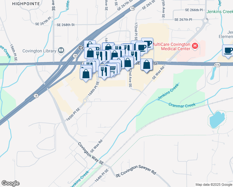 map of restaurants, bars, coffee shops, grocery stores, and more near 17110 Southeast 276th Street in Covington