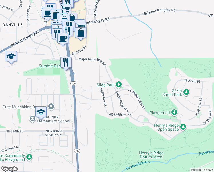 map of restaurants, bars, coffee shops, grocery stores, and more near 24521 Southeast 275th Street in Maple Valley