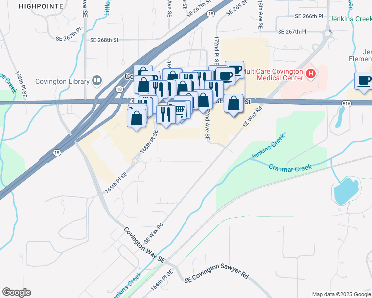 map of restaurants, bars, coffee shops, grocery stores, and more near 17110 Southeast 276th Street in Covington