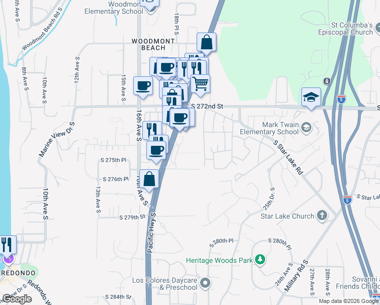 map of restaurants, bars, coffee shops, grocery stores, and more near 27454 Pacific Highway South in Federal Way