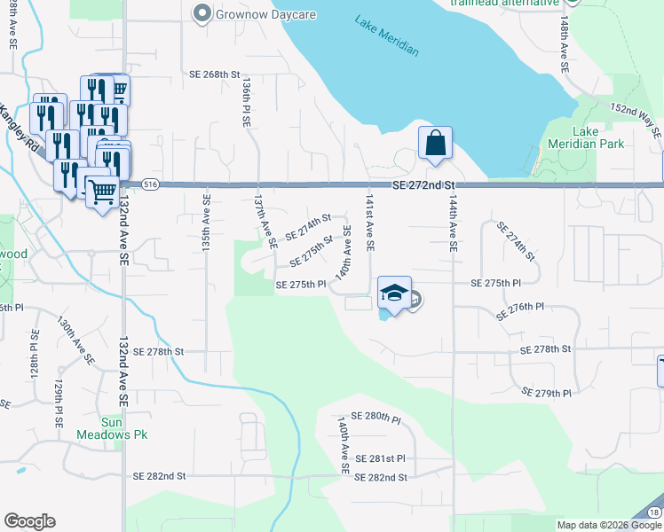 map of restaurants, bars, coffee shops, grocery stores, and more near 27520 139th Court Southeast in Kent