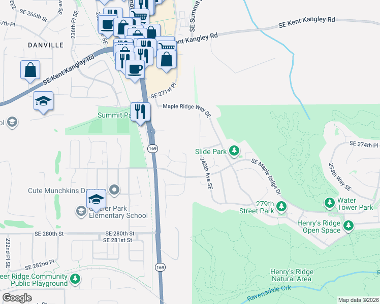 map of restaurants, bars, coffee shops, grocery stores, and more near 27416 243rd Place Southeast in Maple Valley