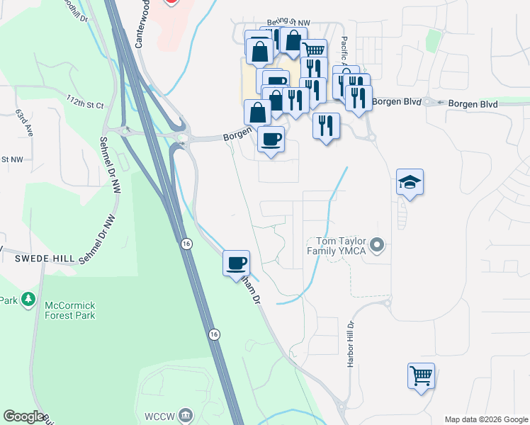 map of restaurants, bars, coffee shops, grocery stores, and more near 5045 Mariner Street in Gig Harbor