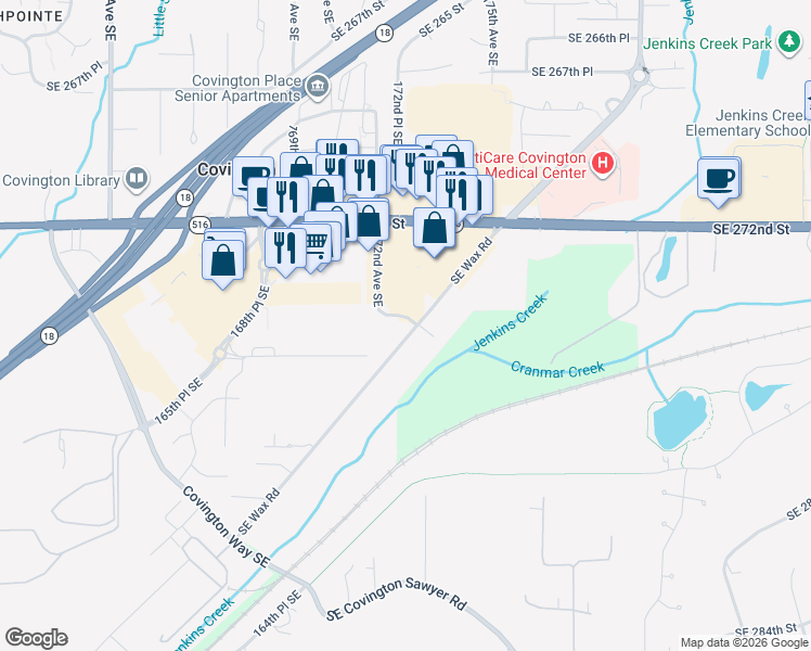 map of restaurants, bars, coffee shops, grocery stores, and more near 17216 Southeast Wax Road in Covington